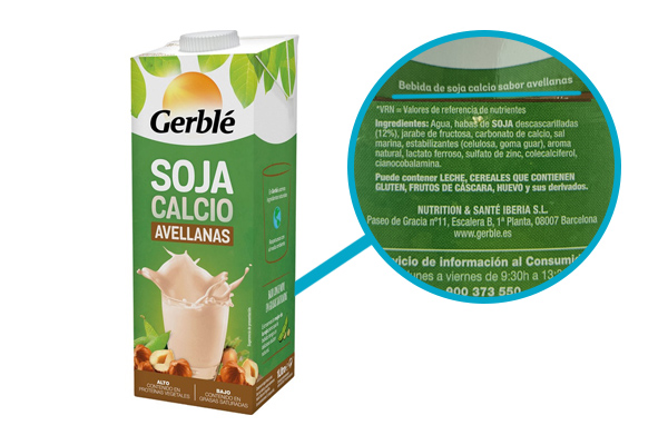 Gerblé Soja Calcio Avellanas: frontal del envase y detalle de denominación y lista de ingredientes